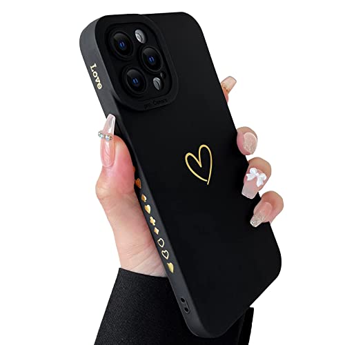 SmoBea Kompatibel mit iPhone 13 Pro Hülle, niedliche Goldfarbene Herzmuster Handyhülle für Frauen Mädchen mit seitlichem kleinem Liebesmuster Silikon Schutzhülle stoßfest (schwarz) von SmoBea