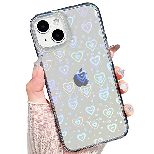 SmoBea Kompatibel mit iPhone 14 Hülle, Klar Glitzer Holografische Laser Liebe Herz Muster, Weiches TPU und Hard PC Stoßfest Mode Slim Schutzhülle für Mädchen Frauen（Schwarz） von SmoBea