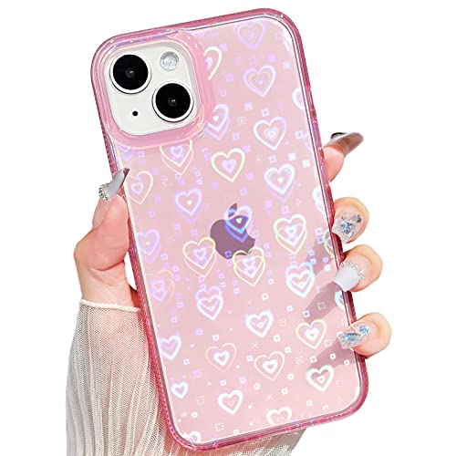 SmoBea Kompatibel mit iPhone 14 Hülle, Klar Glitzer Holografische Laser Liebe Herz Muster, Weiches TPU und Hard PC Stoßfest Mode Slim Schutzhülle für Mädchen Frauen（rosa） von SmoBea