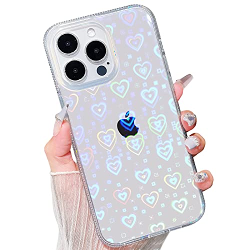 SmoBea Kompatibel mit iPhone 14 Pro Hülle, Klar Glitzer Holografische Laser Liebe Herz Muster, Weiches TPU und Hard PC Stoßfest Mode Slim Schutzhülle für Mädchen Frauen（Regenbogen/transparent） von SmoBea