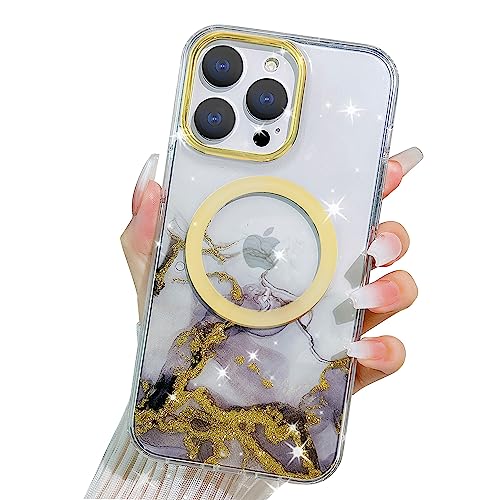 SmoBea Kompatibel mit iPhone 14 Pro Max Hülle kompatibel mit MagSafe, transparente Marmor Gold Glitzer Druck Aquarell Hülle, stoßfester Schutz Handyhülle für Frauen Mädchen - Sparkle Black von SmoBea