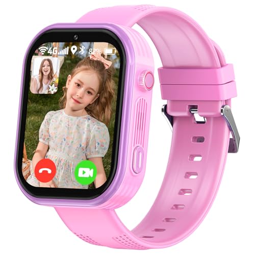 4G Kinder Smartwatch,GPS Smartwatch Kinder mit 4G Telefon Video Anruf Voice Chat SOS Schulmodus Puzzle Spiele, Mädchen Jungen (Rosa-violett) von Smooce