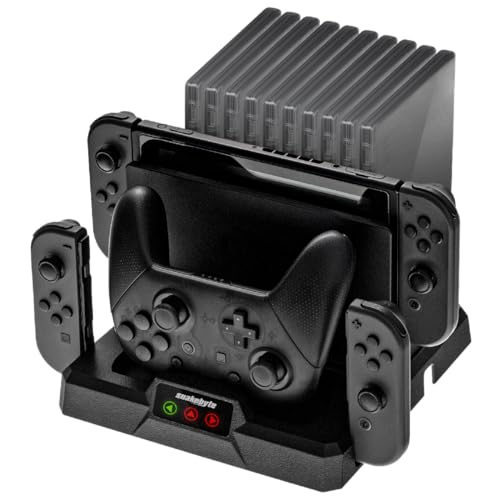 snakebyte DUAL Charge Base S - Nintendo Switch Ladestation, All-in-One Organizer für 10 Switch Spiele, Ladefunktion für 1 Pro Controller und 2 Joy-Cons, Dockingstation mit LED-Anzeige von Snakebyte