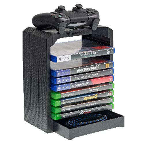 snakebyte PS4 GAMES TOWER 4 - schwarz - Universelle Aufbewahrungslösung für 10 Spiele/Blu-Ray's, Ablage für Controller, extra Fach für Zubehör, komp. mit PlayStation 5, PS4, Xbox Series X, Xbox One von Snakebyte