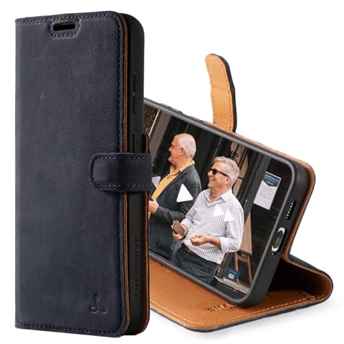 Snakehive Lederhülle für Samsung Galaxy S25 Plus - Vintage Handyhülle mit Standfunktion und KartenfäChern - Schutzhülle Handgefertigt in der EU aus Hochwertigem Echtleder (Dunkelblau) von Snakehive