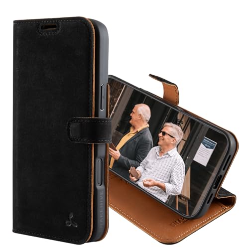 Snakehive Lederhülle für iPhone 16 Plus - Vintage Handyhülle mit Standfunktion und KartenfäChern - Schutzhülle Handgefertigt in der EU aus Hochwertigem Echtleder (Schwarz) von Snakehive