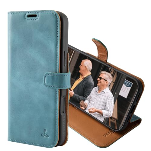 Snakehive Lederhülle für iPhone 16 Pro Max - Vintage Handyhülle mit Standfunktion und KartenfäChern - Schutzhülle Handgefertigt in der EU aus Hochwertigem Echtleder (Türkis) von Snakehive