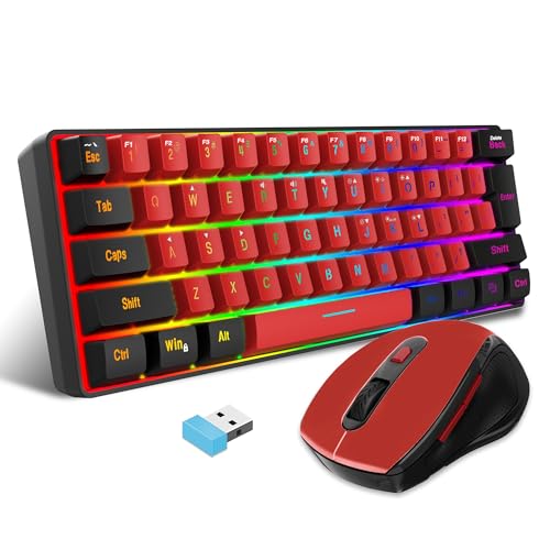 Snpurdiri 60% Prozent Tastatur Maus Set Kabellos, Wireless Gaming Tastatur und Maus Combo, Enthalten 2.4G Small Mini 60% Merchanical Feel Tastatur, Ergonomisches Design Vertical Feel Maus (BlackRed) von Snpurdiri