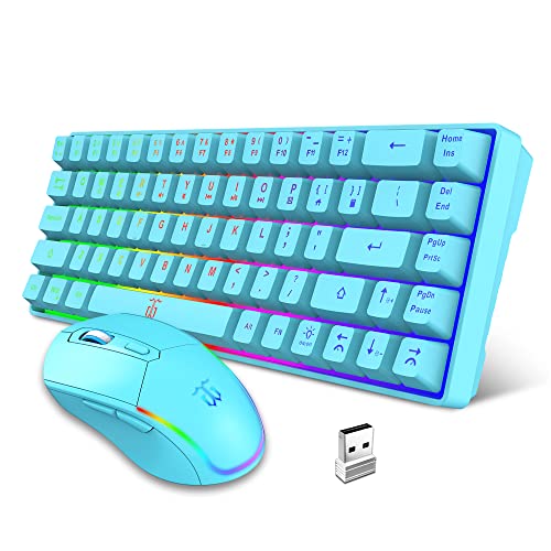 Snpurdiri 60% Tastatur Maus Set Kabellos, LED-Beleuchtung, wiederaufladbare 2000mAh Batterie Small Mini 60 Prozent Wireless Gaming Combo, Ergonomisches Design 6D 3200DPI Maus (Blau) von Snpurdiri