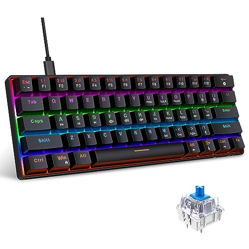 Snpurdiri 60% kabelgebundene Mechanische Gaming Tastatur, Anti-Ghosting 61 Tasten, RGB-Hintergrundbeleuchtung, Ultrakompakter Blauer Schalter, Doppelfuß, Schwarz von Snpurdiri