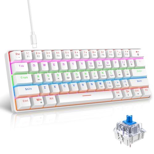 Snpurdiri 60% kabelgebundene Mechanische Gaming Tastatur, Anti-Ghosting 61 Tasten, RGB-Hintergrundbeleuchtung, Ultrakompakter Blauer Schalter, Doppelfuß, Weiß von Snpurdiri