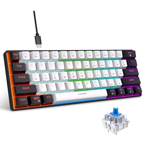 Snpurdiri 60% kabelgebundene mechanische Gaming-Tastatur, 61 Anti-Ghosting-Tasten, RGB-Hintergrundbeleuchtung, ultrakompakte Blaue Schalter, Zwei Ständer, schwarz-weiß von Snpurdiri