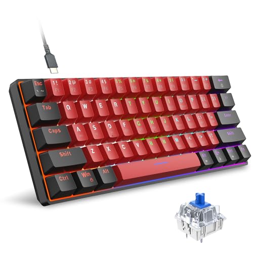 Snpurdiri 60% kabelgebundene mechanische Gaming-Tastatur, 61 Anti-Ghosting-Tasten, RGB-Hintergrundbeleuchtung, ultrakompakte Zwei Ständer (Blauer Schalter/Schwarz Rot) von Snpurdiri