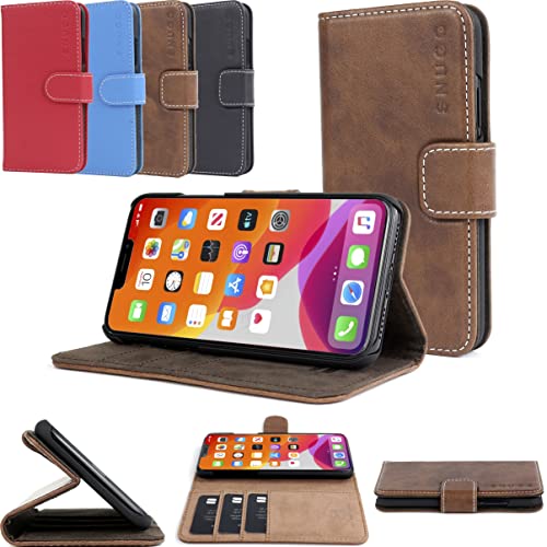 Snugg iPhone 13 Pro Max Wallet Case - Leder Card Case Wallet mit Handlicher Standfunktion - Legacy Series Flip Case Cover in Distressed Braun von Snugg