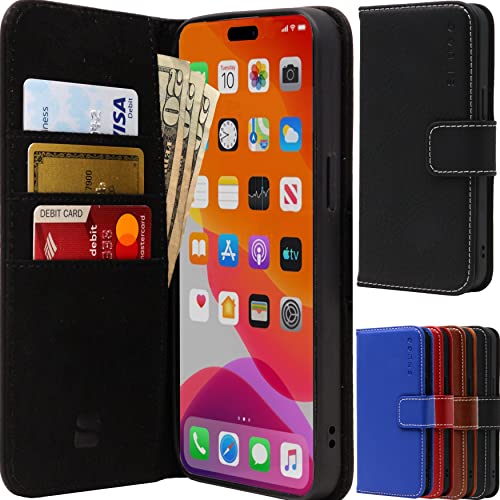 Snugg iPhone 15 Case Wallet – Folding Wallet Case with 3 Card Slots, Magnet Closure, and Phone Stand Function – Leather, TPU, and Nubuck iPhone 15 Wallet Case – Black von Snugg