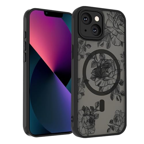 SobLn Schutzhülle für iPhone 13, schwarz, Blumenmuster, Magnet-Hülle, kompatibel mit MagSafe, durchscheinend, matt, niedlich, schlank, stoßfest, für Damen und Mädchen, 15,5 cm (6,1 Zoll), Blumenrose von SobLn