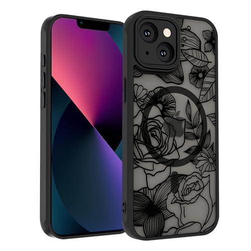 SobLn Schutzhülle für iPhone 13, schwarz, Blumenmuster, Magnethülle, kompatibel mit MagSafe, durchscheinend, matt, niedlich, schlank, stoßfest, für Damen und Mädchen, 15,5 cm (6,1 Zoll), Linienblume von SobLn