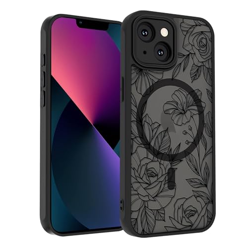 SobLn Schutzhülle für iPhone 13, schwarz, Blumenmuster, Magnethülle, kompatibel mit MagSafe, durchscheinend, matt, niedlich, schlank, stoßfest, für Damen und Mädchen, 15,5 cm (6,1 Zoll), Blumenmotiv von SobLn