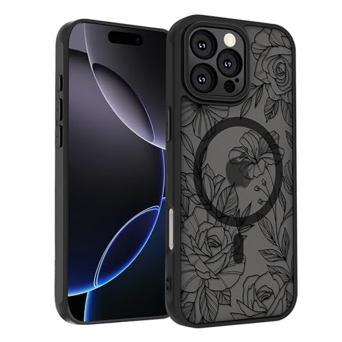 SobLn Schutzhülle für iPhone 16 Pro Max, schwarz, Blumenmuster, Magnet-Hülle, kompatibel mit MagSafe, durchscheinend, matt, schlank, stoßfest, für Damen und Mädchen, 17,5 cm (6,9 Zoll), Blumenmotiv von SobLn