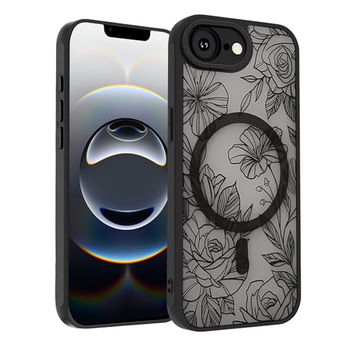 SobLn Schutzhülle für iPhone 16e, schwarz, Blumenmuster, Magnet-Hülle, kompatibel mit MagSafe, durchscheinend, matt, niedlich, schlank, stoßfest, für Damen und Mädchen, 15,5 cm (6,1 Zoll), Blumenmotiv von SobLn