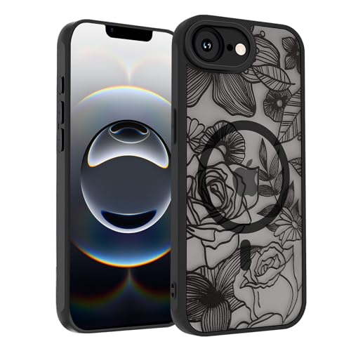 SobLn Schutzhülle für iPhone 16e, schwarz, Blumenmuster, Magnethülle, kompatibel mit MagSafe, durchscheinend, matt, niedlich, schlank, stoßfest, für Damen und Mädchen, 15,5 cm (6,1 Zoll), Linienblume von SobLn