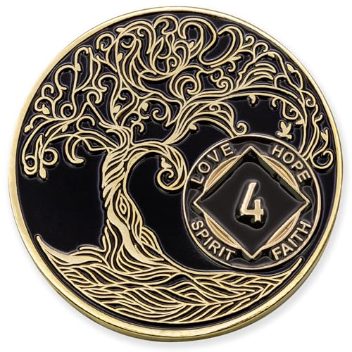 4 Years Schwarz & Vergoldete NA-Münze – Sobriety Mint Twisted Tree of Life Recovery Medaillon / Chip – Schwarz/Gold von Sobriety Mint