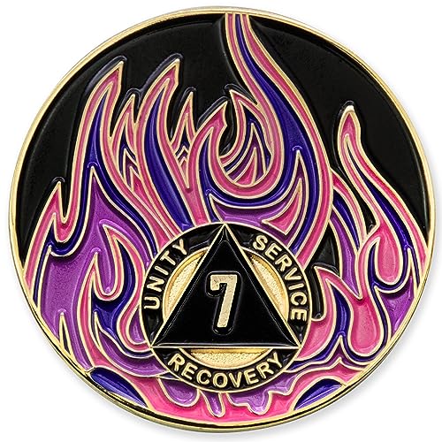 7 Year Sobriety Mint Twisted Flames vergoldetes AA-Medaillon/Chip – Schwarz/Rosa/Violett/Blau von Sobriety Mint