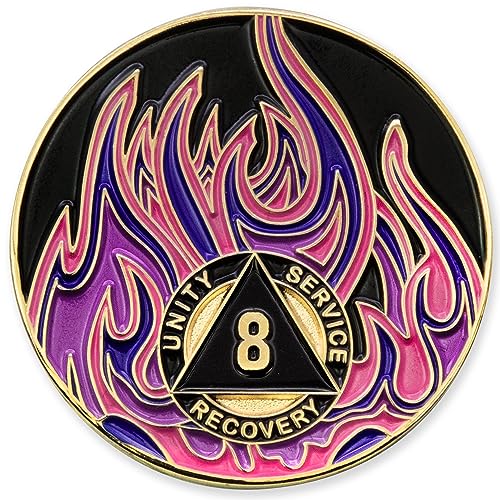 8 Year Sobriety Mint Twisted Flames vergoldetes AA-Medaillon/Chip – Schwarz/Rosa/Violett/Blau von Sobriety Mint