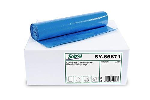 Sobsy ® - Recycelte Müllbeutel in Blau; reißfeste Müllsäcke 120l stark, Typ 60, gerollt, 700 x 1.100 mm, 250 Stück (10 x 25 Stück) von Sobsy