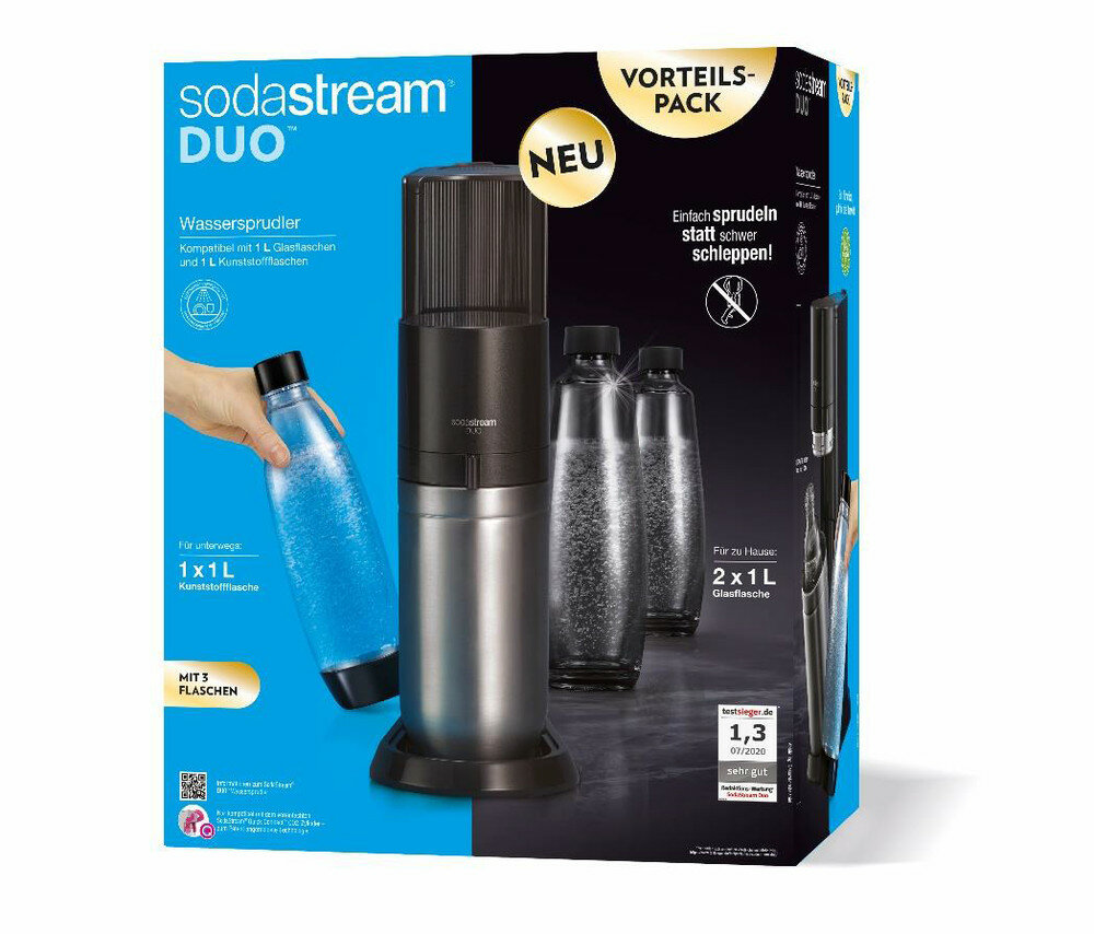 sodastream DUO Titan Vorteilspack Trinkwassersprudler (1 Liter, inkl. 2 x Glasflasche & 1 x Kunststoffflasche, inkl. CO2-Zylinder) von SodaStream