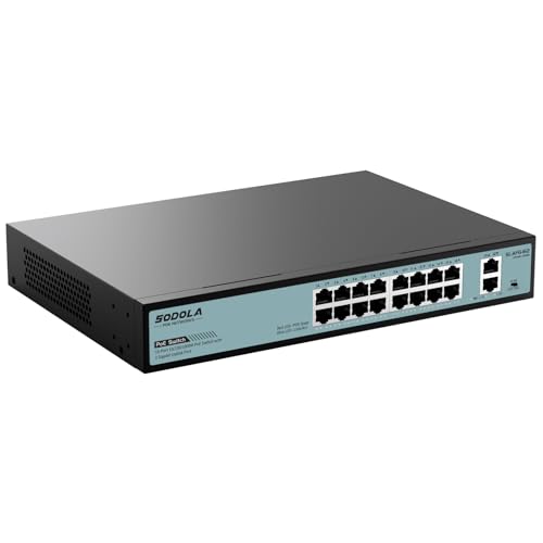 SODOLA 16-Port Gigabit PoE Switch mit 2 Uplink Gigabit Ports, 18-Port Unmanaged Ethernet PoE Switch mit 400W Leistung,Unterstützung von IEEE802.3af/at, VLAN,Wand- oder Rackmontage, Plug & Play von Sodola