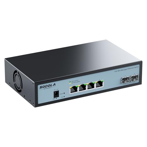 SODOLA 6 Port 10G Easy Web Managed Switch,4X 10G RJ45 + 2X 10G SFP+ Ports –LACP/QoS/VLAN/IGMP, 10Gbit Switch für professionelles Netzwerkmanagement von Sodola