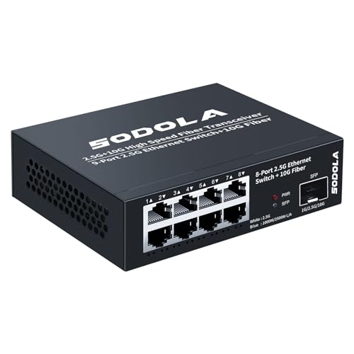 SODOLA 8-Port 2.5 Gbit Switch Unmanaged mit 8 x 2.5GBASE-T Ports, 1X10G SFP+, 100Gbps Switching Capacity, lüfterlos, Metall-Gehäuse, Plug & Play 2.5Gb Netzwerkswitch von Sodola