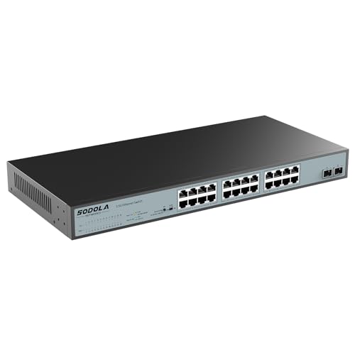 SODOLA Umanaged Switch mit 24 Ports, 2,5 GB, 24 x 2,5 G Base-T-Ports, 2 x 10 G SFP, 160 Gbit/s Schaltkapazität, Portisolierung, IU Rack-Mount/Lüfterlos/Plug & Play Multi-Gig-Ethernet-Switch von Sodola