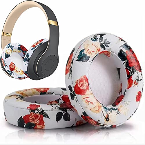 Studio 3 Ohrpolster, Ersatz-Ohrpolster für Beats Studio 2 & Studio 3 kabelgebundene und kabellose Kopfhörer, Ohrpolster aus Memory-Schaum, mit weichem Protein-Leder-Ersatzteilen, weißes Blumenmuster von Sodorous