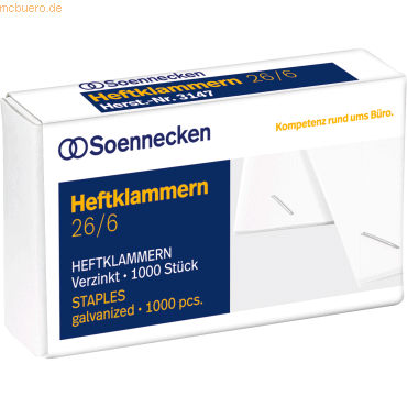 Soennecken Heftklammern 3147 26/6 verzinkt 1000 Stück Soennecken Heftklammern 3147 26/6 verzinkt 1000 Stück von Soennecken
