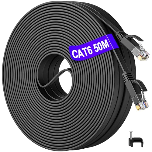 50m LAN Kabel Outdoor Indoor, Cat 6 Netzwerkkabel 50 Meter RJ45 Flach Ethernet Kabel High Speed Wlan Kabel Schwarz Lankabelverlaengerung 50m Internetkabel für Modem Switch von Soibke