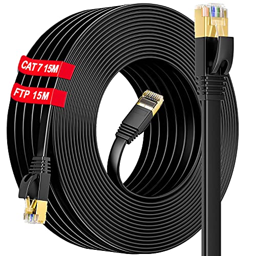 Cat 7 15m LAN Kabel 15 Meter Flach Netzwerkkabel 15m Gigabit Ethernet Kabel Outdoor Indoor - S/FTP, 10000Mbit s, PIMF Schirmung(15 Clips), Cat7 Rohkabel mit RJ45 Stecker - Switch Router Access Point von Soibke