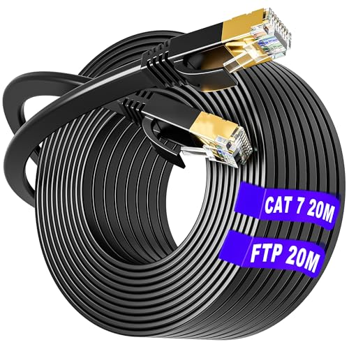 Cat 7 20m Netzwerkkabel, LAN Kabel 20meter Flach Patchkabel Outdoor Indoor, Gigabit CAT7 Hochgeschwindigkeits S/FTP PIMF Schirmung mit RJ45 Stecker Ethernet Kabel für Switch Router Modem (20 Clips) von Soibke