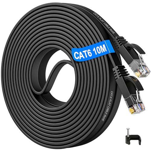 LAN Kabel 10 Meter Cat 6, Flach Netzwerkkabel 10m High Speed Ethernet Kabel Dünn Schwarz RJ45 Patchkabel Gigabit Wlan Internet Kabel 10/100/1000Mbit/s, kompatibel zu Cat.5 Cat.5e - Router Switch Modem von Soibke