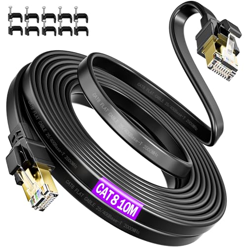 LAN Kabel 10 Meter Cat 8, 40Gbps Netzwerkkabel 10m Geschirmt Flach Hochgeschwindigkeit 2000MHz RJ45 Gigabit Ethernet kabel Schirmung Wlan Kabel 10m Internet Patchkabel Schwarz für Router Modem Switch von Soibke