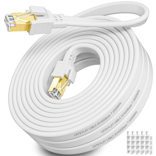 LAN Kabel 20m Cat 8, Netzwerkkabel 20 Meter Ethernet Kabel Flach, Hochgeschwindigkeits Wlan Kabel 20m Geschirmt -40Gbps 2000MHz RJ45 Gigabit Internet Patchkabel für Switch Modem (Weiß) von Soibke