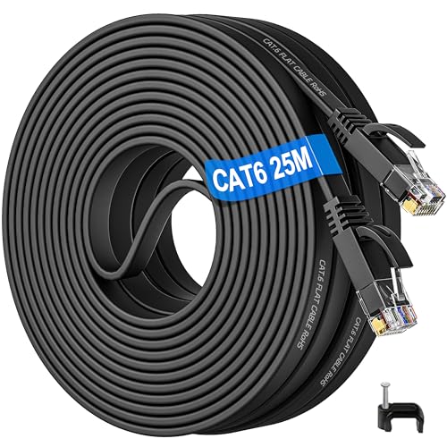 LAN Kabel 25 Meter Cat 6, Netzwerkkabel 25m Flach Ethernet Kabel Outdoor Indoor Internetkabel Hochgeschwindigkeits Flachbandkabel -Gigabit Wlan Kabel 25m RJ45 Patchkabel Schwarz für Router Modem von Soibke