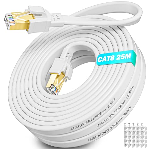 LAN Kabel 25m Weiß, Cat 8 Hochgeschwindigkeits Ethernet Kabel Netzwerkkabel 25 Meter Flach 40Gbps 2000MHz Geschirmt Internetkabel, Wlan Kabel 25m RJ45 Gigabit Patchkabel für Modem Router Switch von Soibke