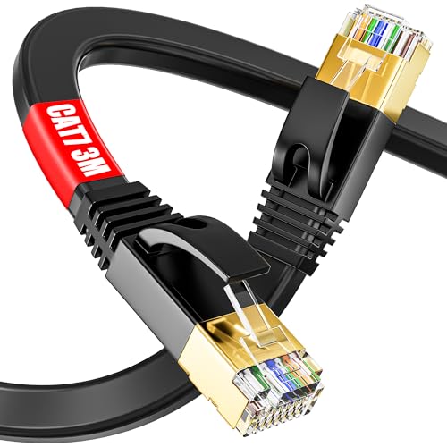 LAN Kabel 3 Meter, Cat 7 LAN Kabel 3m Flach Netzwerkkabel Gigabit Ethernet Kabel 3m - S/FTP, 10000Mbit s, PIMF Schirmung, Cat7 Rohkabel mit RJ45 Stecker - Switch Router Access Point von Soibke