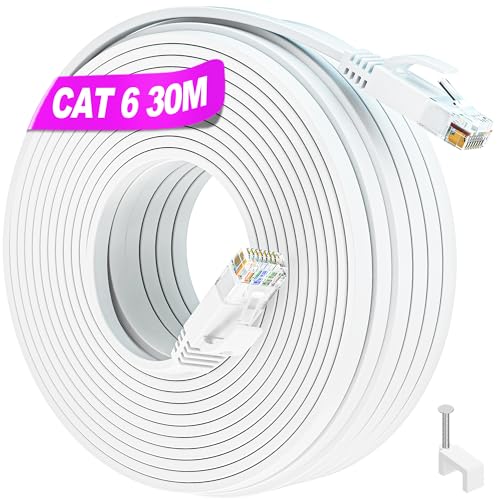 LAN Kabel 30 Meter Weiß, Netzwerkkabel Verlegekabel 30m Flach Cat 6 Hochgeschwindigkeits Gigabit Ethernet Kabel, RJ45 Kabel Dünn Internet Patchkabel Lang, Kompatibel zu Cat5 Cat5e, für Router Modem von Soibke