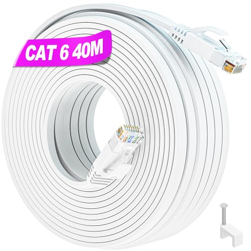 LAN Kabel 40 Meter, Netzwerkkabel Flach 40m Ethernet Kabel Cat 6 Verlegekabel Weiß Hochgeschwindigkeits Gigabit Wlan Kabel Lang Internet Kabel Dünn RJ45 Patchkabel Kompatibel zu Cat5 Cat5e für Router von Soibke