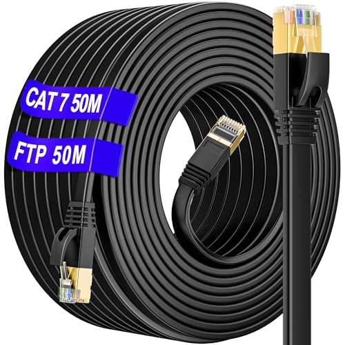 LAN Kabel 50 meter Cat 7 Outdoor & Indoor, Netzwerkkabel 50m S/FTP Hochgeschwindigkeits 10Gbit/s 600MHz Gigabit Flach Ethernet kabel(50 Clips), Draussen Wasserdicht RJ45 Lan kabel, für Switch/Modem von Soibke