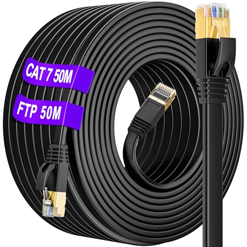 LAN Kabel 50 meter Outdoor & Indoor, S/FTP Cat 7 Hochgeschwindigkeits 10Gbit/s 600MHz Gigabit Flach Ethernet Netzwerkkabel(50 Clips), Draussen Wasserdicht RJ45 Lan kabel, für PC/PS5/Xbox/Switch/Modem von Soibke