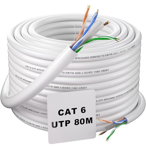 LAN Kabel 80 Meter Outdoor, Cat 6 Netzwerkkabel 80m Ethernet Kabel Verlegekabel Hochgeschwindigkeits Gigabit Netzwerk Installationskabel Wasserdicht UTP 23AWG Solid Internetkabel Lang Patchkabel Weiß von Soibke